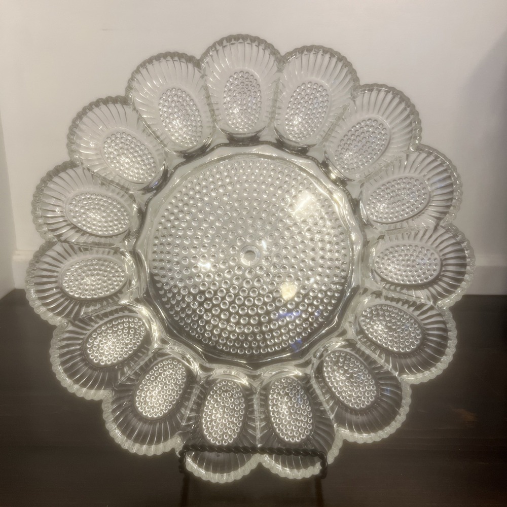 Vintage Indiana Glass 11" Round Clear Hobnail Deviled Egg Plate EUC